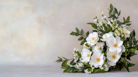 Serene arrangement of white blooms and olive greens in a soft-toned backgroundの素材