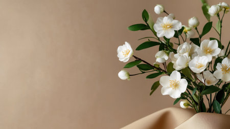 Serene arrangement of white blooms and olive greens in a soft-toned backgroundの素材