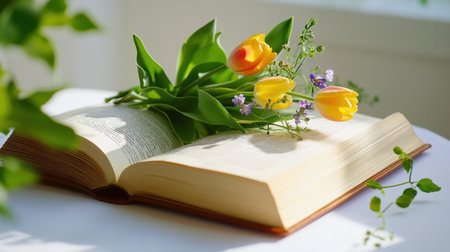 Sunlight casts soft shadows on open book pages, with tulips and wildflowers artfully arrangedの素材