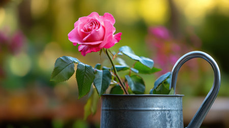 Romantic close-up of a rose in a galvanized watering canの素材