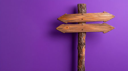 Rustic wood sign with two direction indicators, isolated on vibrant purpleの素材