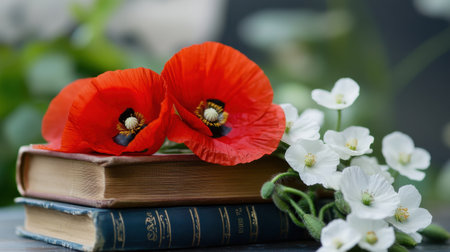 Vibrant red poppies and white blooms gently placed on vintage booksの素材