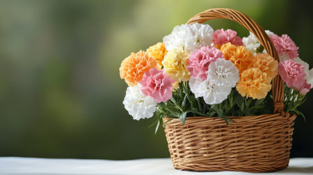 Serene floral basket with soft-colored carnations drenched in warm sunshineの素材