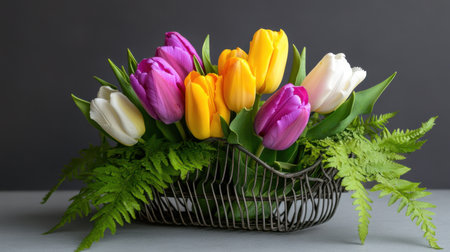 Spring floral composition of tulips and ferns in an open wire basketの素材