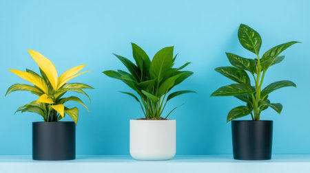 Three houseplants styled with minimalism against a light blue backdropの素材