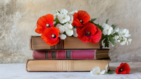 Stacked books topped with vivid poppies and white blossomsの素材