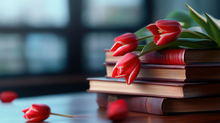Stack of books with red tulips blossoming from their spines, art and knowledge meetの素材