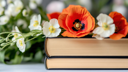 Stacked books topped with vivid poppies and white blossomsの素材