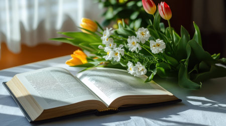 Sunlight casts soft shadows on open book pages, with tulips and wildflowers artfully arrangedの素材
