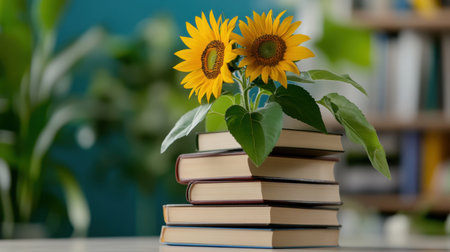 Tower of books sprouting vivid sunflowers on a minimalist studio setの素材