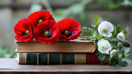 Vibrant red poppies and white blooms gently placed on vintage booksの素材