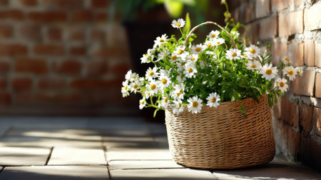 White daisies spilling out of a straw basket on a sunlit patioの素材