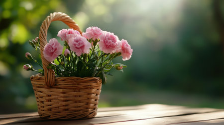 Vintage-inspired carnation bouquet in a handmade basket with glowing daylightの素材