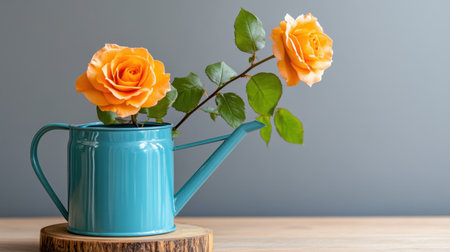 Watering can holding a soft rose bloom against a neutral backgroundの素材