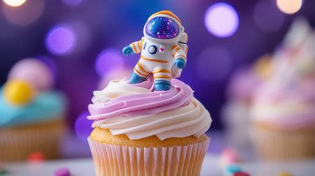 A miniature astronaut figure standing on top of a cupcake with galaxy icingの素材