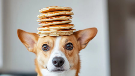 A dog balancing a stack of pancakes on its headの素材