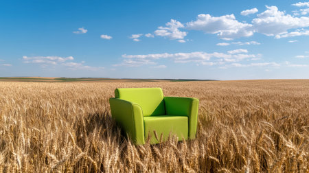 A neon green couch placed in the middle of a wheat fieldの素材
