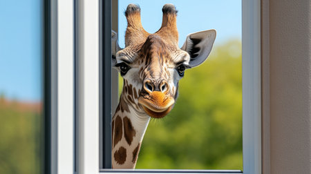 A giraffe peeking through a second-story apartment windowの素材