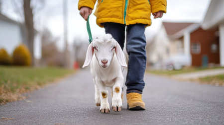 A person walking a pet goat down a suburban streetの素材