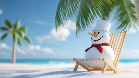 A snowman sitting in a beach chair under a palm treeの素材