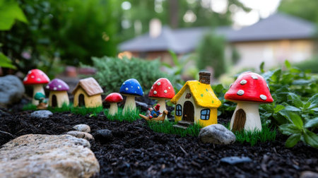 A tiny gnome village set up in a backyard with mushroom housesの素材