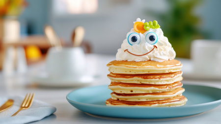 A stack of pancakes with googly eyes and a smile made from whipped creamの素材