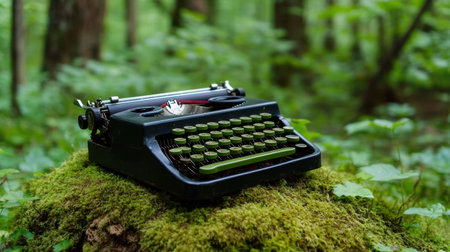 A vintage typewriter sitting on a moss-covered rock in a dense forestの素材
