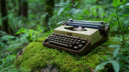 A vintage typewriter sitting on a moss-covered rock in a dense forestの素材