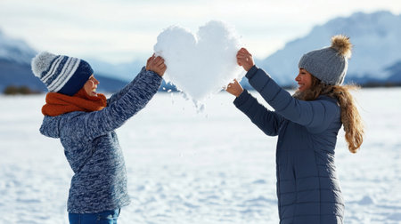 Couple throwing snow into air forming heart shape, winter romance vibe, snowy landscapeの素材