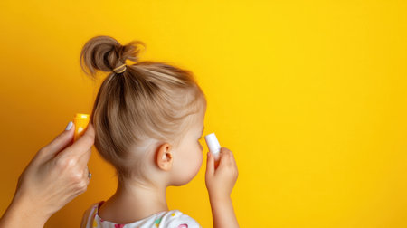 Child with ponytail getting sunscreen applied by mom, rear view, studio yellow backgroundの素材