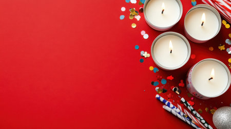 Creative flat lay with 30 number candles and confetti on red backdrop, perfect for festive messagingの素材