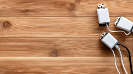 Cautionary scene of overused power extension with various plugs, wooden background offers room for textの素材