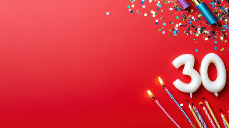 Flat lay of number 30 birthday candles and colorful confetti on bold red background, space left for celebration textの素材
