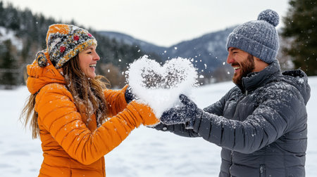 Love and laughter in snowy setting, snow thrown creating heart silhouette between coupleの素材