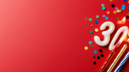 Flat lay of number 30 birthday candles and colorful confetti on bold red background, space left for celebration textの素材
