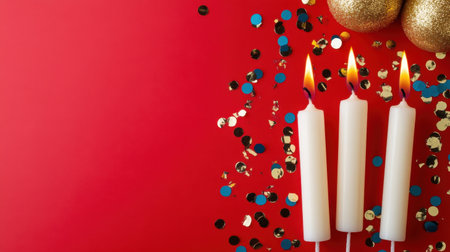 Creative flat lay with 30 number candles and confetti on red backdrop, perfect for festive messagingの素材