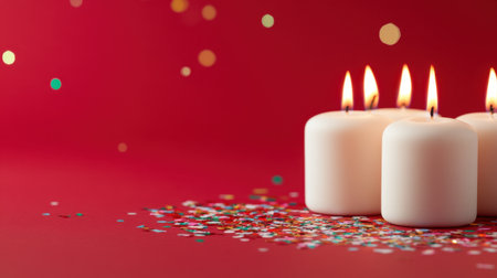 Creative flat lay with 30 number candles and confetti on red backdrop, perfect for festive messagingの素材