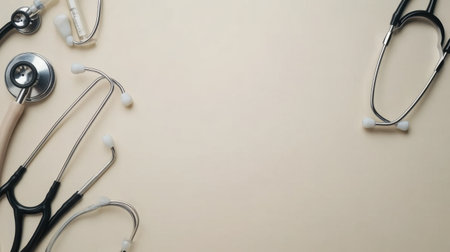 Medical professional gear arranged neatly with beige space for text or branding, stethoscope prominently displayedの素材