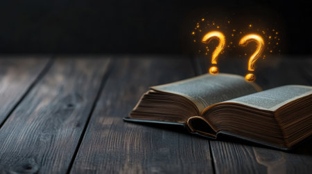 Knowledge and doubt represented with glowing question marks above book on dark wooden surface, black backdropの素材