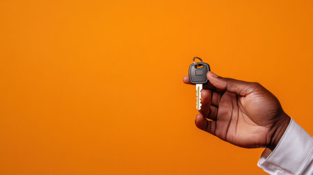 Isolated male hand presenting car key on orange background, striking contrast with space for messageの素材