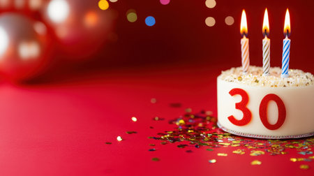 Festive 30th birthday scene with shaped candles and scattered party confetti, bright red flat lay backgroundの素材