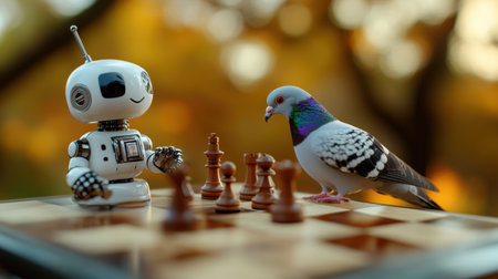 A chess game between a robot and a pigeonの素材