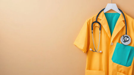 Professional medical coat with stethoscope draped on hanger, minimalist beige backdrop for copy spaceの素材