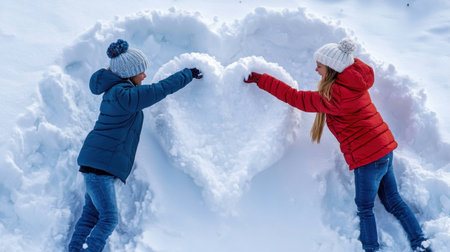 Snow explosion in shape of heart created during couple winter fun, love in the airの素材