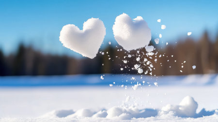 Romantic snow fight turning into heart-shaped snow burst, snowy background and playful energyの素材