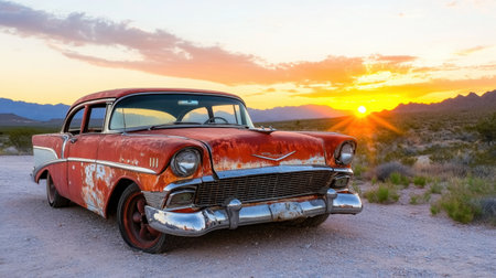 Abandoned classic car with peeling paint, sun setting behind dusty desert hillsの素材