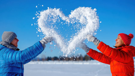 Two people playfully tossing snow that forms a love shape mid-air, winter romance conceptの素材