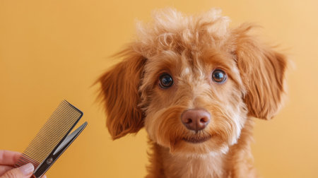 Woman holding grooming scissors and comb beside adorable fluffy dog, brown background, closeupの素材