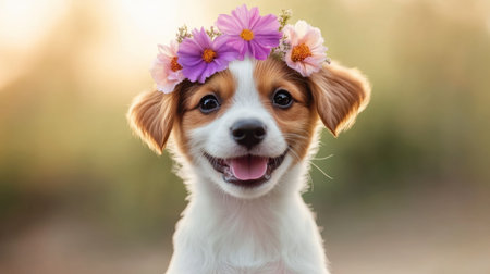Adorable puppy with watercolor flowers on its head, soft fur and happy expressionの素材