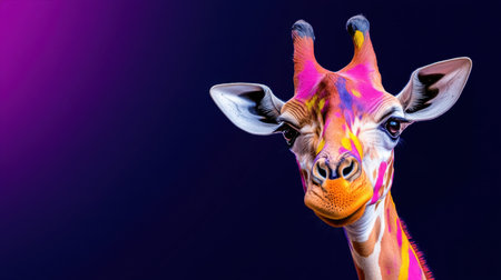 Abstract giraffe head with glossy paint drips, bold colors contrasting a dark backgroundの素材